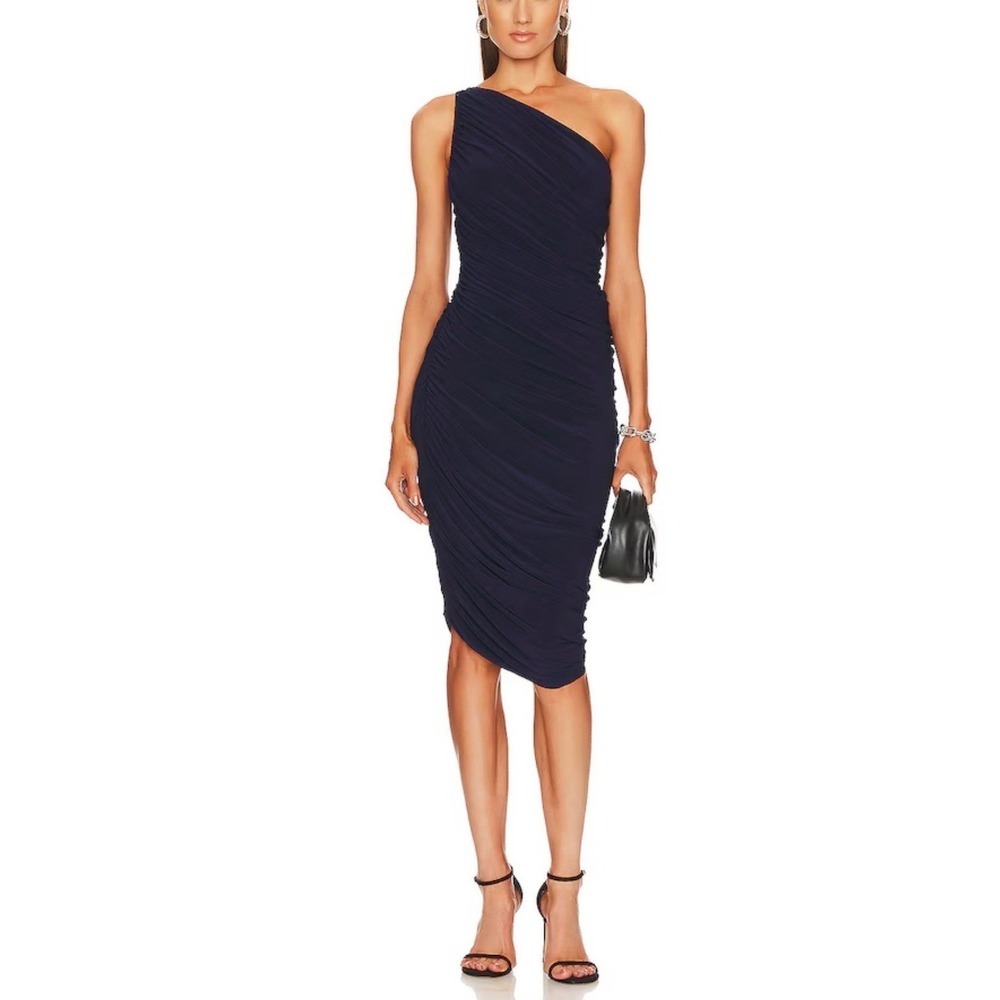 Norma Kamali Diana Dress To Knee Womens XL True Navy Ruched One Shoulder